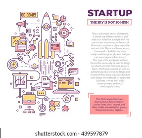 Vector creative concept illustration of startup with header and text on white background. Technology startup composition template. Hand draw flat thin line art style design for technology startup