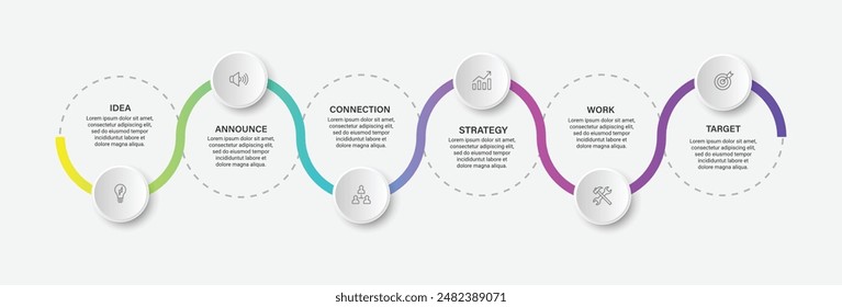 Vector concepto creativo para infografía con 6 pasos, opciones, partes o procesos. Visualización de datos empresariales