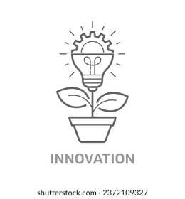 Vector creative concept in line style - light bulb with gear wheel growing from the flower pot. Innovation Idea concept. Technology innovations. Editable Stroke. EPS 10