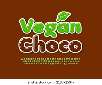 Vector creative concept Vegan Choco with decorative Leaf. Green Alphabet Letters, Numbers and Symbols set. Bright stylish Font