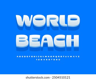 Concepto creativo de Vector World Beach. Fuente única 3D. Conjunto de letras y números del alfabeto blanco