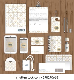 Vector creative corporate identity. Stationery Branding on wooden background. Consist of letterhead, book, pen, pencil, note, phone, business cards, cd, envelope. 