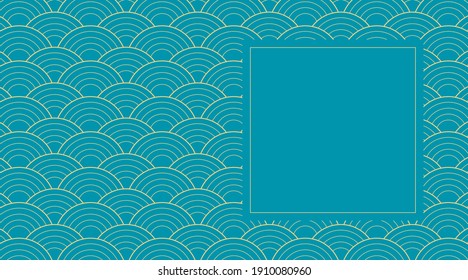 Vector creative design with Japanese wave background. Seigaiha - traditional Asian art heritage . Blue circles with gold lines and copy space for text. Modern pattern 