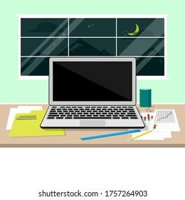 Vector creative design, Laptop on table desk with window background.