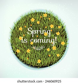 Vector creative design on spring is coming with title | Green spring grass with little yellow field flowers growing in circle in melting snow | Season changing abstract round thawed patch illustration