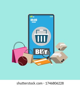 Vector creative design, Online shopping is easy with mobile phones.