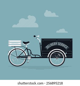 Vector creative detailed illustration on stylish retro looking cargo delivery bicycle cart | Ecological delivery vehicles transport service. Side view, isolated