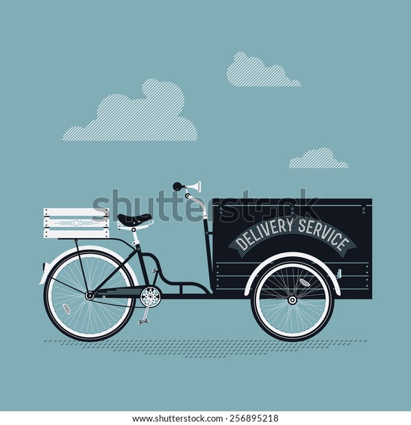Vector creative detailed\
illustration on stylish retro looking cargo delivery bicycle cart |\
Ecological delivery vehicles transport service. Side view,\
isolated