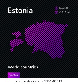 Vector creative digital neon flat line art abstract simple map of Estonia with violet, purple, pink striped texture  on black background. Educational banner, poster about Estonia