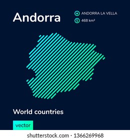 Vector creative digital neon flat line art abstract simple map of Andorra with green, mint, turquoise striped texture  on dark blue background. Educational banner, poster about Andorra 
