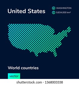 Vector creative digital neon flat line art abstract simple map of United states with green, mint, turquoise striped texture  on dark blue background. Educational banner, poster about USA