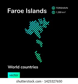 Vector creative digital neon flat line art abstract simple map of Faroe Islands with green, mint, turquoise striped texture  on black background. Educational banner, poster about Faroe Islands