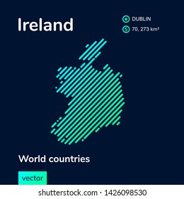 Vector creative digital neon flat line art abstract simple map of Ireland with green, mint, turquoise striped texture  on dark blue background. Educational banner, poster about Ireland