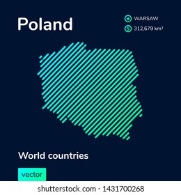 Vector creative digital neon flat line art abstract simple map of Poland with green, mint, turquoise striped texture  on dark blue background. Educational banner, poster about Poland 