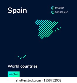 Vector creative digital neon flat line art abstract simple map of Spain with green, mint, turquoise striped texture  on dark blue background. Educational banner, poster about Spain 