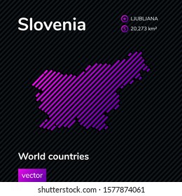 Vector creative digital neon flat line art abstract simple map of Slovenia with violet, purple, pink striped texture  on black background. Educational banner, poster about Slovenia