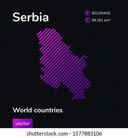 Vector creative digital neon flat line art abstract simple map of Serbia with violet, purple, pink striped texture  on black background. Educational banner, poster about Serbia