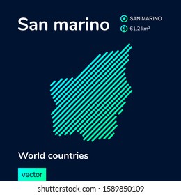 Vector creative digital neon flat line art abstract simple map of San Marino with green, mint, turquoise striped texture  on dark blue background. Educational banner, poster about San Marino 