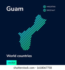 Vector creative digital neon flat line art abstract simple map of Guam with green, mint, turquoise striped texture  on dark blue background. Educational banner, poster about Guam