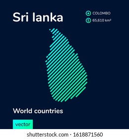 Vector creative digital neon flat line art abstract simple map of Sri Lanka with green, mint, turquoise striped texture  on dark blue background. Educational banner, poster about Sri Lanka