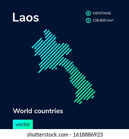 Vector creative digital neon flat line art abstract simple map of Laos with green, mint, turquoise striped texture  on dark blue background. Educational banner, poster about Laos  