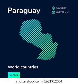 Vector creative digital neon flat line art abstract simple map of Paraguay with green, mint, turquoise striped texture  on dark blue background. Educational banner, poster about Paraguay