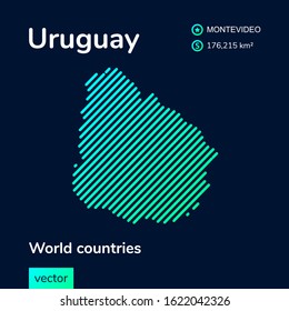 Vector creative digital neon flat line art abstract simple map of Uruguay with green, mint, turquoise striped texture  on dark blue background. Educational banner, poster about Uruguay