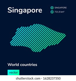 Vector creative digital neon flat line art abstract simple map of Singapore with green, mint, turquoise striped texture  on dark blue background. Educational banner, poster about Singapore