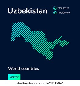 Vector creative digital neon flat line art abstract simple map of Uzbekistan with green, mint, turquoise striped texture  on dark blue background. Educational banner, poster about Uzbekistan 