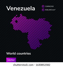 Vector creative digital neon flat line art abstract simple map of Venezuela with violet, purple, pink striped texture  on black background. Educational banner, poster about Venezuela