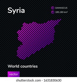 Vector creative digital neon flat line art abstract simple map of Syria with violet, purple, pink striped texture  on black background. Educational banner, poster about Syria