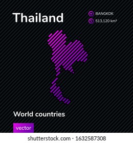 Vector creative digital neon flat map of Thailand with violet, purple, pink striped texture  on black background. Educational banner, poster about Thailand