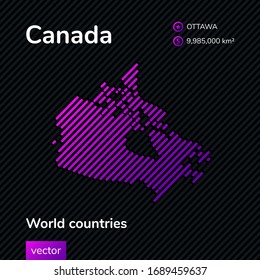 Vector creative digital neon flat line art abstract simple map of Canada with violet, purple, pink striped texture on black background. Educational banner, poster about Canada 