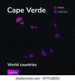 Vector creative digital neon flat line art abstract simple map of Cape Verde with violet, purple, pink striped texture  on black background. Educational banner, poster about Cape Verde