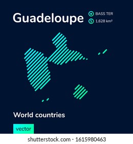 Vector creative digital simple neon flat abstract map of Guadeloupe with green, mint, turquoise, striped texture and striped dark blue background. Educational banner, poster about Guadeloupe