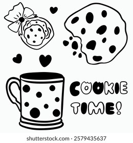 Vector creative doodle illustration with teapot, cup, lettering and cookies black line for branding, graphic design of cafe, restaurant, tea, coffee, biscuit