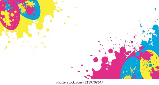 Vector creative easter border with blue, yellow, pink splashes, drops and eggs. Template for holiday card, poster, invitation.