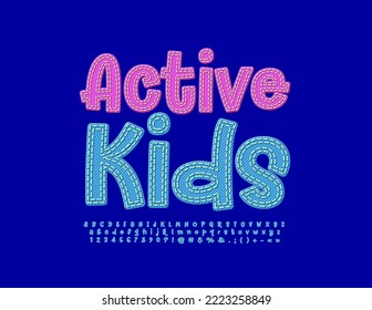 Vector creative emblem Active Kids. Blue Denim Font. Bright textile Alphabet Letters and Numbers set