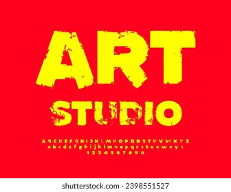 Vector creative Emblem Art Studio. Textured Artistic Font. Stencil Yellow Alphabet Letters and Numbers set