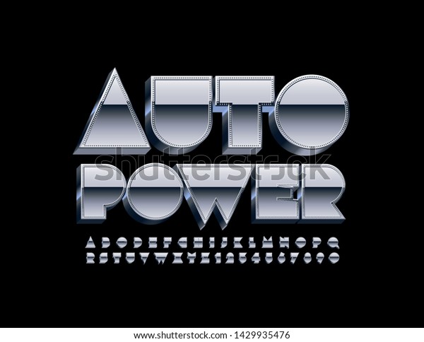 Vector creative emblem Auto Power with metallic\
modern Alphabet. 3D reflective Font. Silver Uppercase Letters and\
Numbers