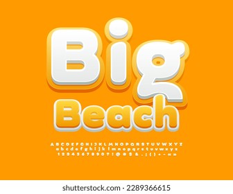 Vector creative emblem Big Beach. Sunny Yellow and White Font. Modern Alphabet Letters, Numbers and Symbols