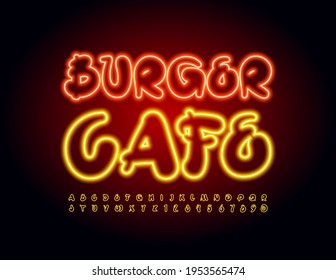 Vector creative emblem Burger Cafe. Glowing light Font. Artistic Alphabet Letters and Numbers set