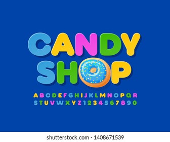 Vector creative emblem Candy Shop with colorful flat Font. Bright modern Alphabet Letters and Numbers