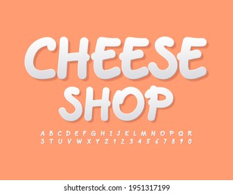 Vetor criativo emblema Cheese Shop com conjunto de letras alfabeto e números. Fonte branca manuscrita