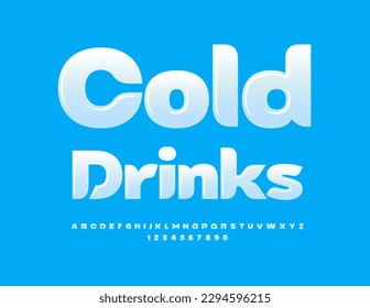 Vector creative Emblem Cold Drinks. White Glossy Font. Artistic Alphabet Letters and Numbers.