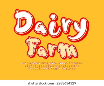Vector creative emblem Dairy Farm. Funny Handwritten Font. Modern bright Alphabet Letters and Numbers set. 