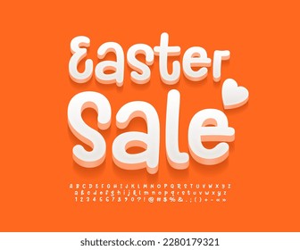 Vector creative emblem Easter Sale. White handwritten 3D Font. Playful style Alphabet Letters and Numbers.