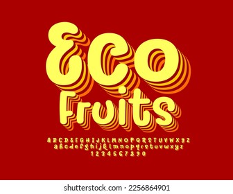 Vector creative Emblem Eco Fruits. Bright 3D Font. Funny calligraphic Alphabet Letters, Numbers and Symbols set