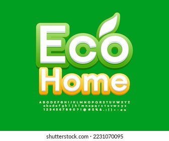 Vector creative Emblem Eco Home.  Green and White bright Font. Modern Alphabet Letters and Numbers