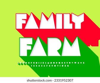 Emblema creativo vectorial Familia Granja con letras y números de alfabeto abstractos. Fuente 3D con sombra verde